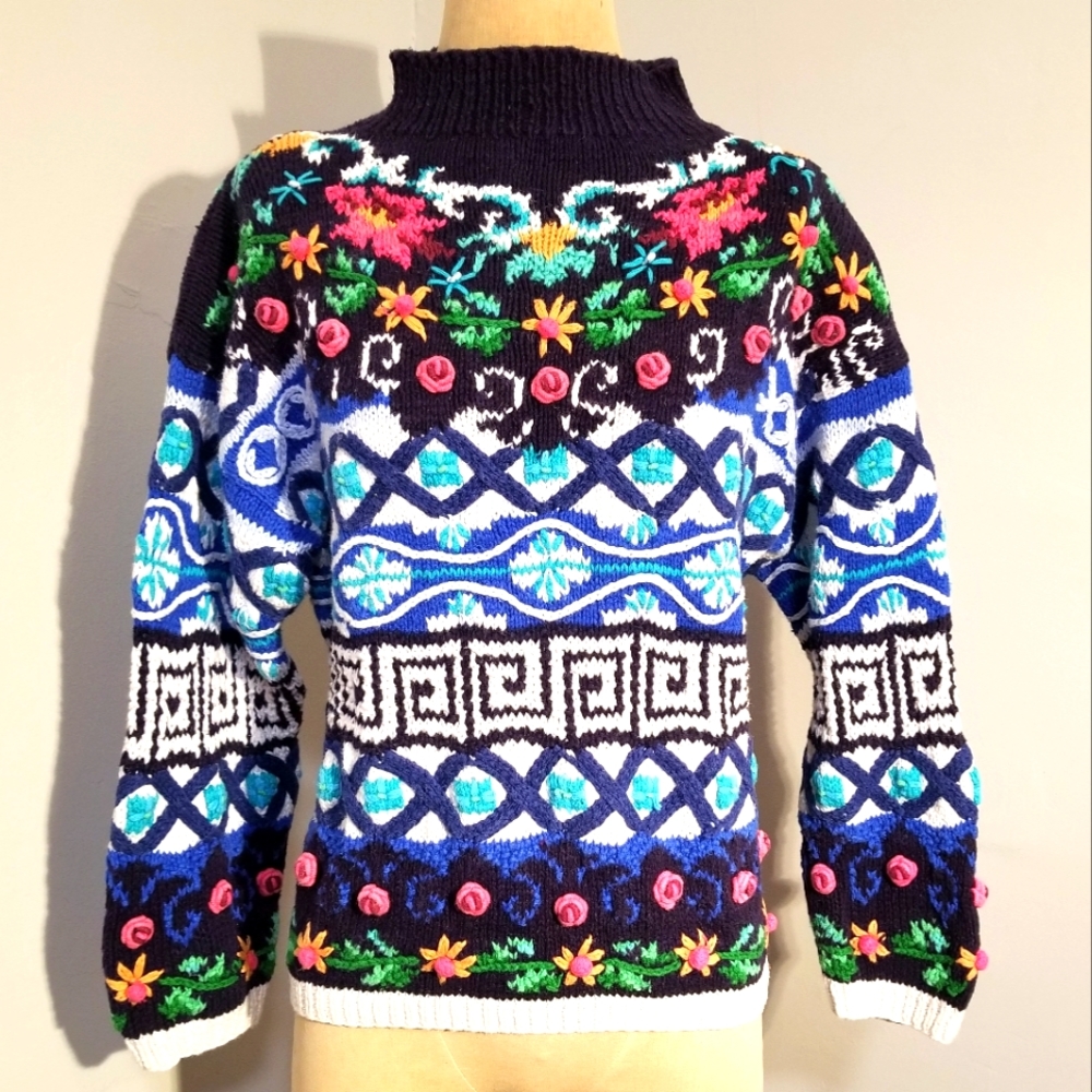 VINTAGE HAND KNIT SWEATER JENNIFER REED CHUNKY 90S SIZE M 🌺 FLORAL GEOMETRIC 3D